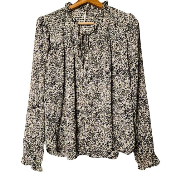 Free People Tops - Free People Ditsy Floral Smocked Blouse Sz S Ruffle Tie Neck Boho Office Chic